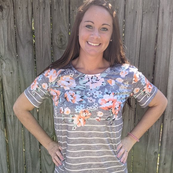 Gray Spring Vibe Floral & Stripe Tee - Picture 1 of 1